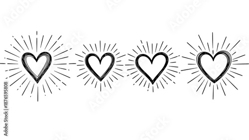 Four hearts with radiating lines on a white background, symbolizing love and energy