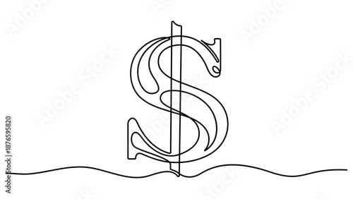 Continuous one line drawing of dollar sign Minimalism design outline vector. Dollar Tattoo, Dollar sign icon one line drawing and isolated continuous outline vector illustration. Editable stroke 