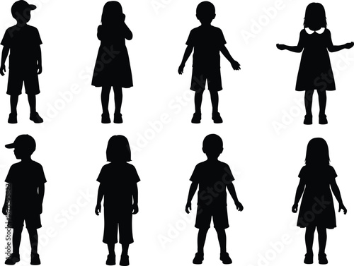 Group of children silhouettes set, little boy and girl standing, childhood figures collection, kids standing poses, young people profiles, black vector isolated on whit