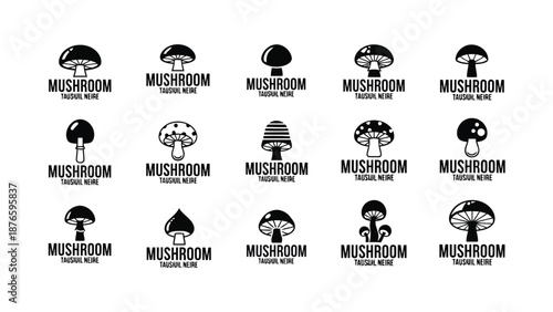 A collection of various mushroom illustrations in a simple black and white style