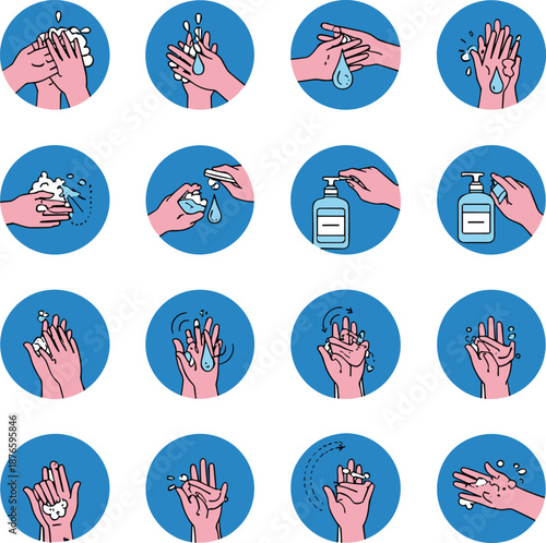 Hand washing steps icons set in blue circles, personal hygiene routine with soap and water, sanitizing palms, health protection instructions, vector isolated on white