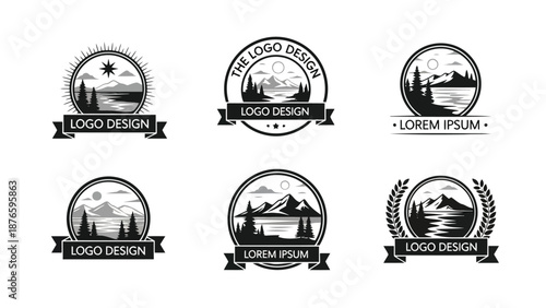 Collection of black and white mountain landscape logo designs with circular frames