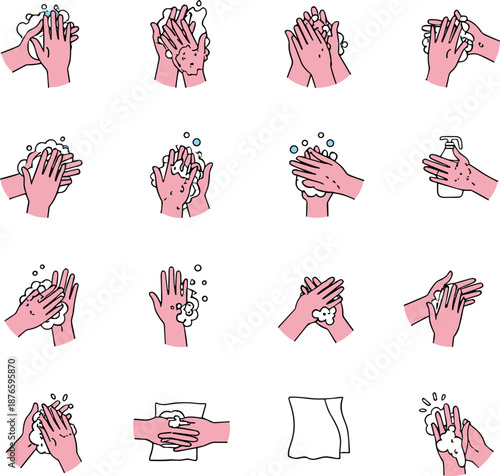 Hand washing steps illustration set, personal hygiene routine with soap and water, sanitizing palms, health protection instructions, colorful vector isolated on white background, clean.