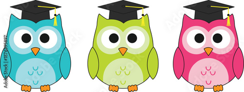 Cute cartoon owls wearing graduation caps colorful education vector illustration isolated on white background for school design