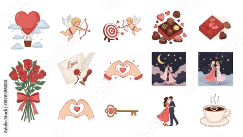 Romantic illustrations of love symbols and couples in various settings