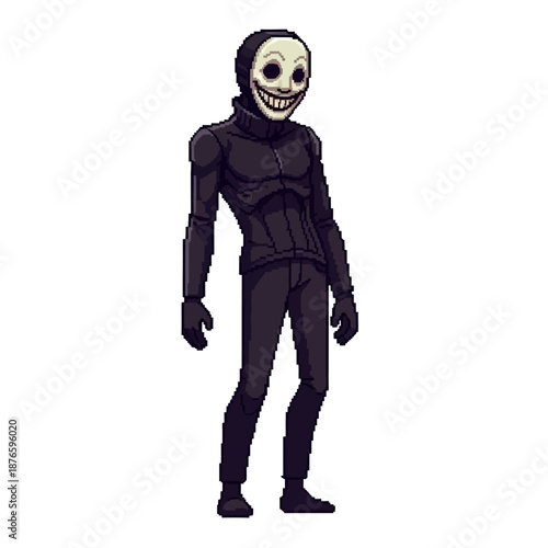 Mysterious pixel art character with an unsettling wide smile on a pale, featureless mask, dressed in a sleek black outfit, evoking a sense of enigma and a subtly eerie presence