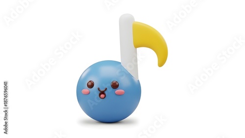 An adorable blue 3D musical note icon with a cheerful facial expression. This minimalist design with yellow and white accents looks modern on a clean white background.
