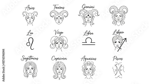 Zodiac signs illustrated with beautiful women and their associated symbols