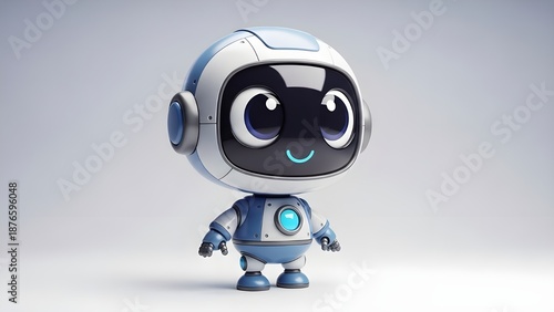 An adorable 3D AI robot icon with a large head and round, sparkling eyes. This futuristic blue-and-white design looks friendly and modern against a minimalist gray background.