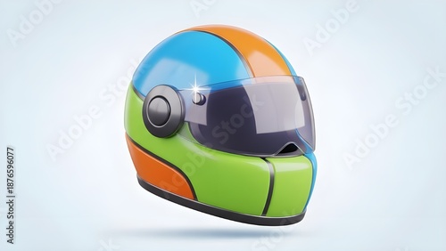 Ikon helm motor 3D yang keren dengan kombinasi warna biru, hijau, dan oranye yang kontras. Desain modern dengan efek mengkilap (glossy) yang estetik di atas latar belakang biru muda yang bersih.
