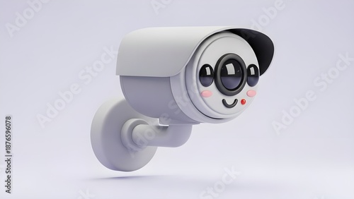 A white 3D CCTV camera icon with an adorable smiling face. This minimalist and modern design appears clean against an elegant light gray background.