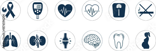 Medical healthcare icon set featuring human organs including brain lungs kidneys joints pregnancy dental care and diagnostic symbols for disease prevention wellness and clinical checkup,