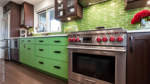 cabinetry. Modern kitchen interior with clean contemporary cabinetry and appliances in a spacious layout. real-estate listings.