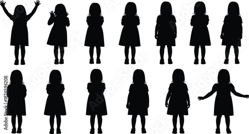 Little girl silhouette set in various standing poses, childhood figures collection, young female kids standing, black vector isolated on white background, group of children.