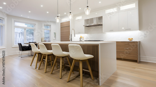 cabinetry. Modern kitchen interior with clean contemporary cabinetry and appliances in a spacious layout. real-estate listings.