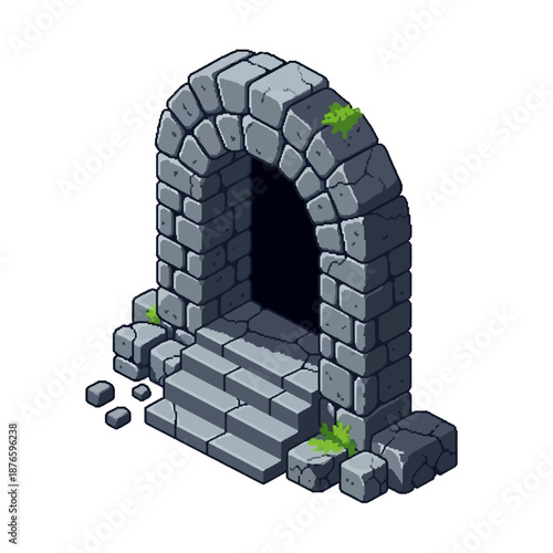 Ancient stone archway entrance with weathered steps and overgrown moss, an old mystical portal inviting exploration