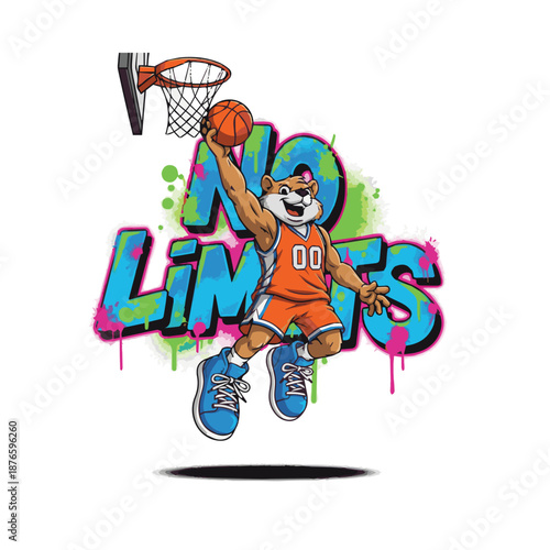 Graffiti Basketball Mascot Dunk Illustration, No Limits Street Style Design for Sports Apparel and Youth Clothing