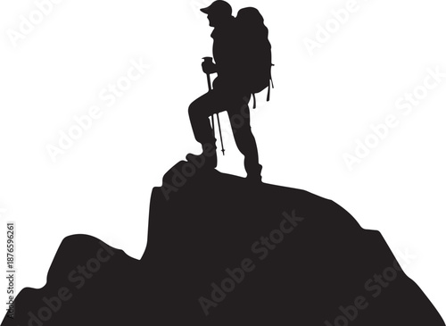Silhouette of a hiker standing on a mountain peak outdoor