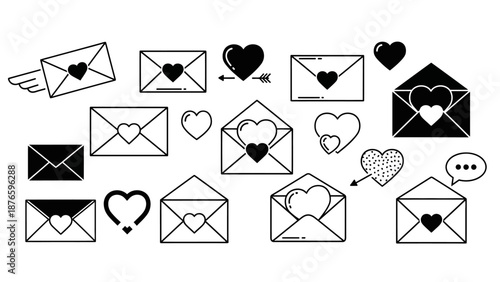 A collection of envelopes and hearts illustrating love and affection through various simple illustrations