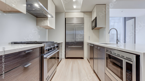 cabinetry. Modern kitchen interior with clean contemporary cabinetry and appliances in a spacious layout. real-estate listings.