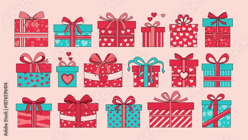 Collection of various gift boxes with different patterns and ribbons on a pastel background
