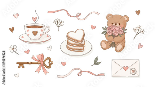 A heartwarming illustration of a teddy bear with love letter, coffee, and pancakes surrounded by hearts and flowers