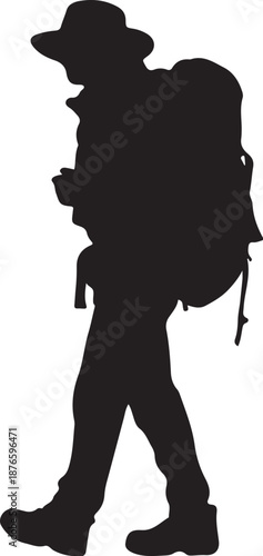 Silhouette of a Hiker with a Backpack and Hat walking