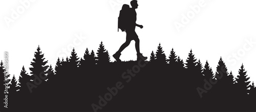 Silhouette of a Hiker Walking on a Ridge with Trees Below