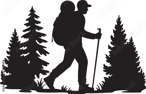 Silhouette of a hiker with a backpack and trekking poles among pine trees