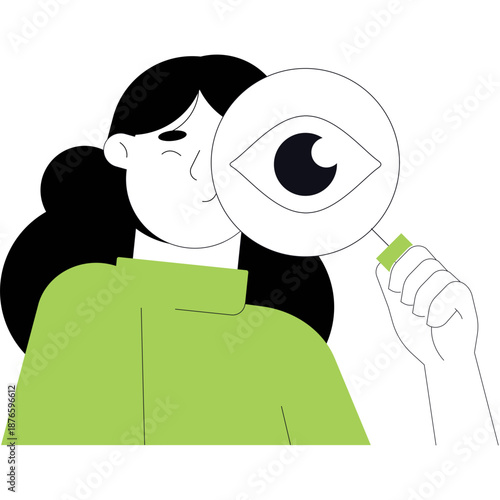 Woman looking through magnifying glass at an eye