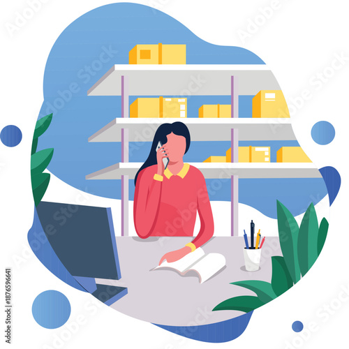 Woman on phone in office with shelves of boxes and computer