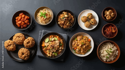 Assorted international dishes arranged on a dark surface, viewed from above, showcasing a variety of culinary delights