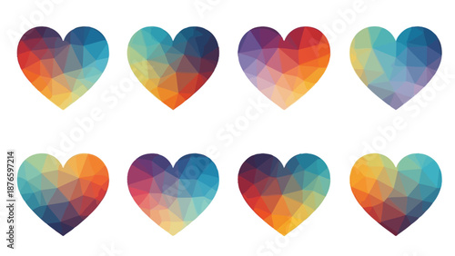 A collection of colorful heart shapes arranged in two rows against a white background