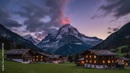 Time-lapse of the Eiger mountain in Switzerland with charming wooden houses, vibrant sunset, and dramatic cloudscape