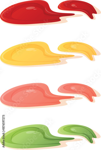 Cartoon sauces splashes. Sauce splash, drops mayonnaise, ketchup, soy. Sour cream, bbq and mustard dips. Tasty food dressing