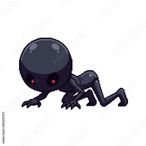 Eerie dark fantasy creature with glowing red eyes, an unsettling mysterious digital illustration for game design or spooky media, depicting a low-crawling monster with a large head and small body