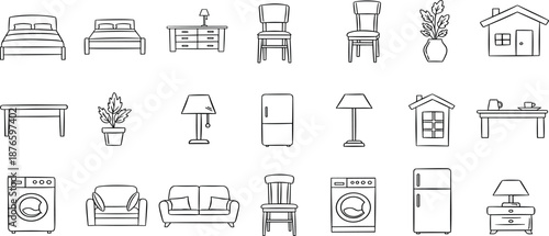 Collection of various furniture and household items illustrated in a simple line art style