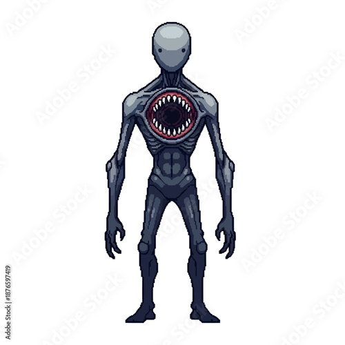 Digital pixel art illustration of a grotesque, humanoid creature with sharp teeth in its chest, evoking a sense of horror and mystery, designed for gaming or speculative fiction projects