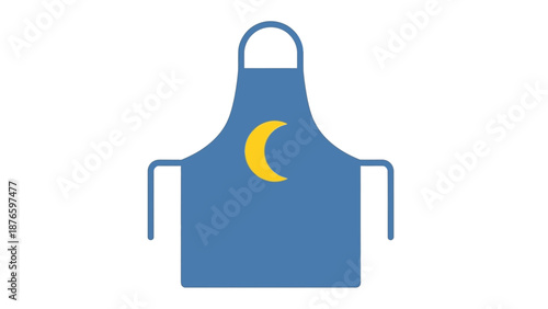 A blue apron with a yellow crescent moon on it is displayed against a plain white background