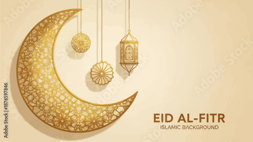 Golden Crescent Moon with Hanging Ornaments and Lanterns in Eid al-Fitr Celebration