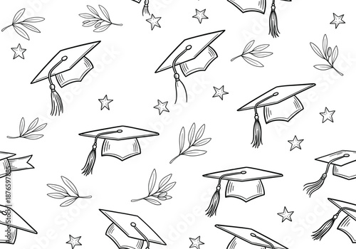 Hand drawn graduation caps and stars seamless pattern black and white education vector illustration background