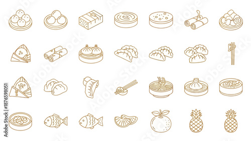 Isometric Line Icon Set of Dim Sum, Chinese Cuisine, and Lunar New Year Lucky Food Symbols