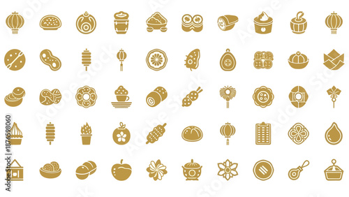 Asian Food and Lunar New Year Icon Set, Traditional Chinese Dim Sum, Desserts, and Festival Decoration Vector Elements Collection
