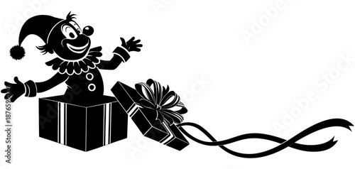 black and white Clown in gift box with ribbon