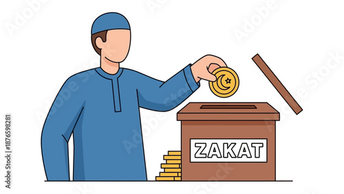 A man in traditional attire donates money to a Zakat charity box