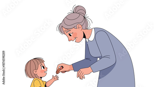 An elderly woman with gray hair handing a small object to a young child wearing a yellow shirt