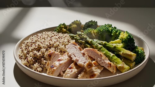 Close Up Freshly Prepared Chicken Quinoa Bowl With Green Vegetables Under Sunlight