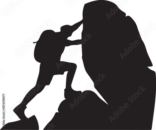 Silhouette of a person climbing a rock with a backpack