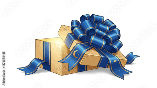 A beautifully wrapped gift box adorned with blue ribbon and bow, presented on a plain white background, viewed from a straightforward angle.