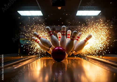 Strike Bowling Pins with Sparkling Explosion on Lane